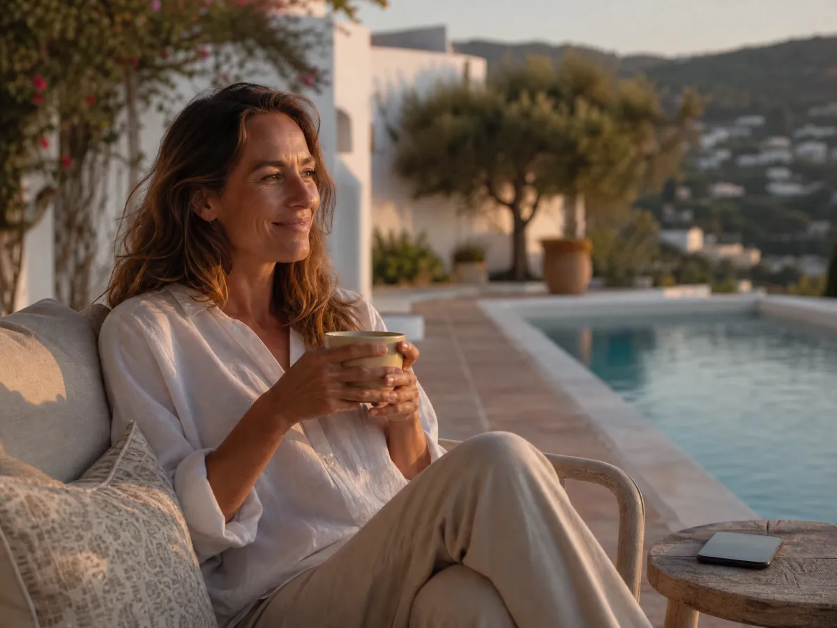 Ontspannen vakantiewoning-eigenaar met koffie aan het zwembad, telefoon weggelegd