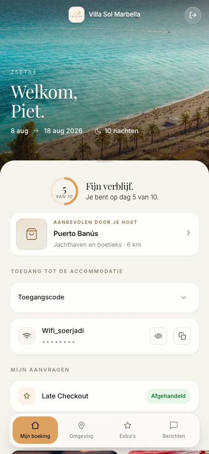 Gastportaal met toegangscode, wifi en een afgehandelde aanvraag