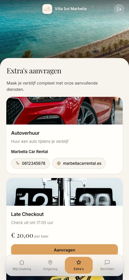 Extra's aanvragen in het gastportaal, zoals autoverhuur en late checkout